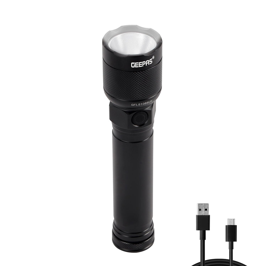 Geepas Rechargeable Portable Flashlight 500 Lumens, 200M Distance Range Waterproof IPX5 in Black - Image 3