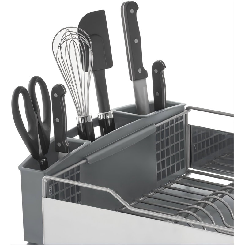 Égouttoir à vaisselle grande capacité résistant à la rouille avec égouttoir incliné et panier à couverts amovible, gris clair