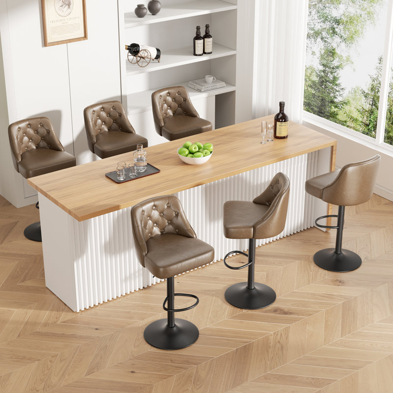 Tabouret de bar rotatif à 360 degrés en faux cuir avec coutures à boutons, Café, 4