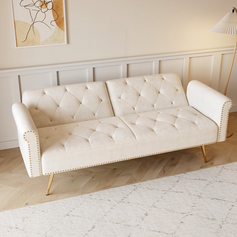 Canapé-lit de 69,7 po de long recouvert de velours, Beige