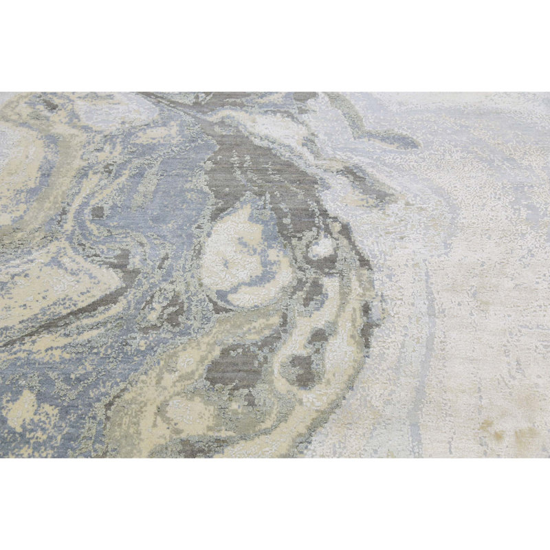 Hand Knotted Area Rug in Ivory/Blue/Yellow, Round 10'