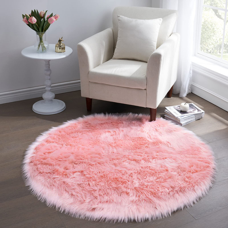 Faux Sheepskin Indoor Rug, Round 4', Pink
