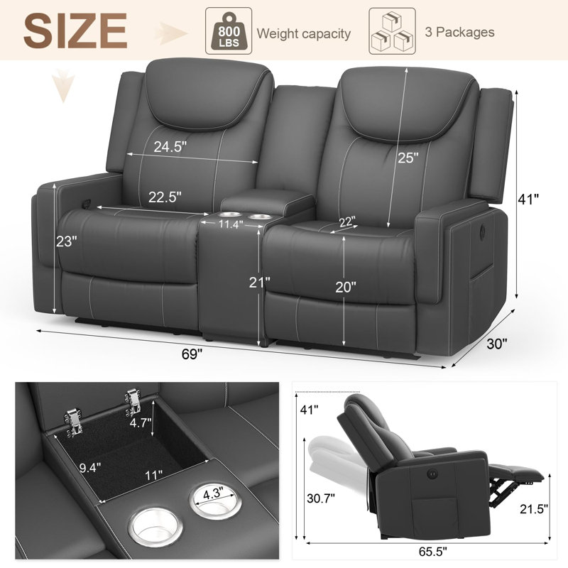 Modern PU Leather Wall Hugger Recliner Loveseat with Console, USB Ports, Cup Holders & Storage - Ergonomic Manual Reclining Sofa
