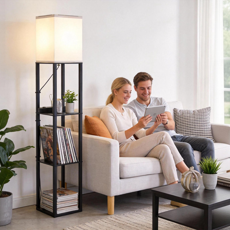 Homechoose Modern Shelf Floor Lamp with USB & AC Outlet, Stepless Dimming, Remote & App Control, 3-Tier Storage, Adjustable 2500K–6000K, Black Walnut Finish