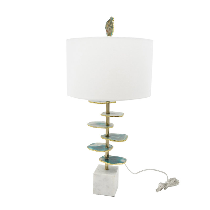 Verdant Agate-Slice Table Lamp with Marble Base 15"Dia. x 29.5" - Green, White
