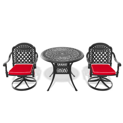 Ensemble de salle à manger 3 pièces en aluminium coulé toutes saisons comprenant 2 chaises pivotantes et une table ronde de 35,43 po avec structure noire