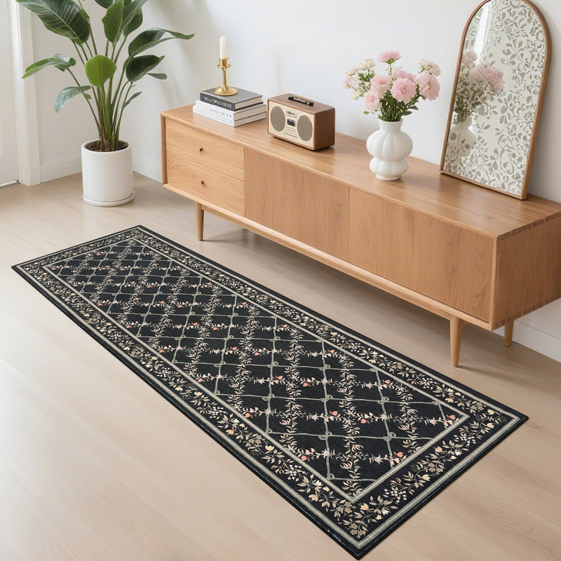 Modern Machine Washable Area Rugs Diamond Floor Mats with Non-Slip Backing, Non-Shedding Floral Print Accent Rug, Foldable Soft Low Pile Indoor Carpet