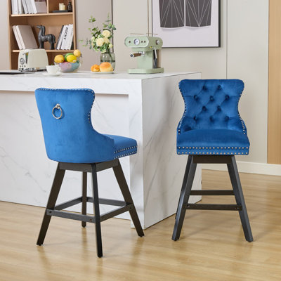 Velours rotatif à 360 degrés avec capitonnage à boutons, rembourrage en mousse souple, pieds en bois, garniture, 2 pièces (bleu) pour la salle à manger pivotante intérieure bleue, décorations, 2 pièces
