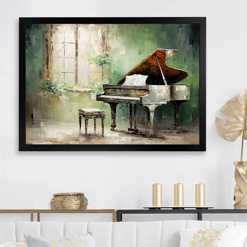 «Green Piano Impressionist», art mural sur toile, Cadre simple noir, H 24 po x l 32 po x P 1 po