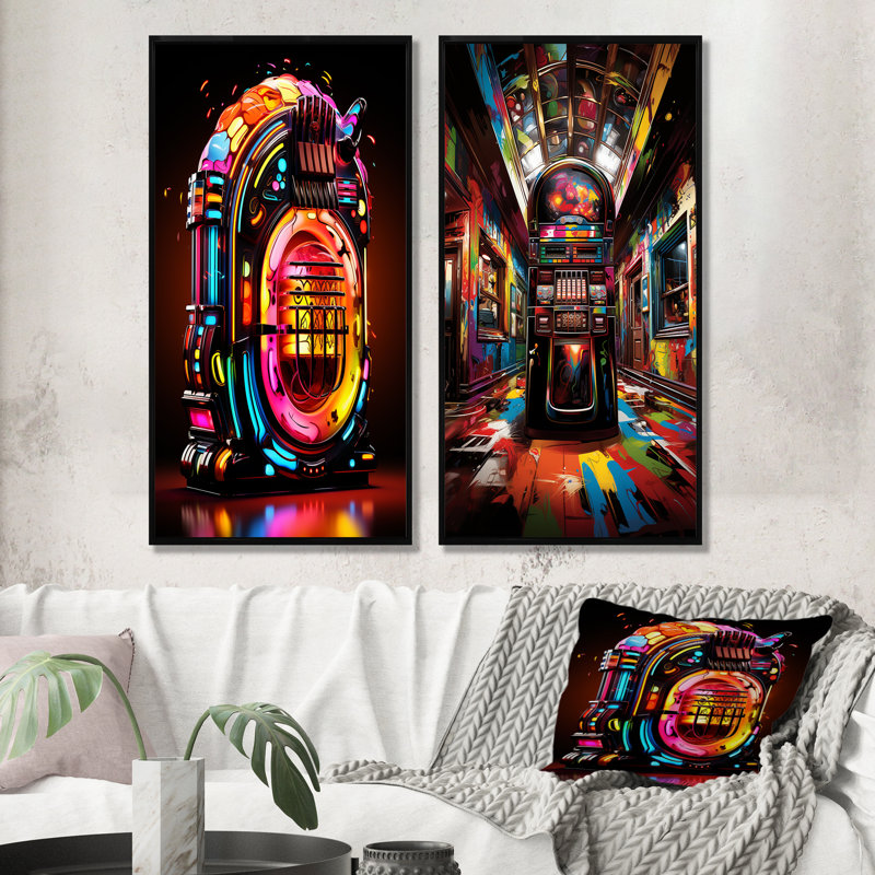 Ensemble de salon Jukebox Machine Neon Grooves I - Jukeboxes, H 28 po x l 25 po, Cadre flottant noir