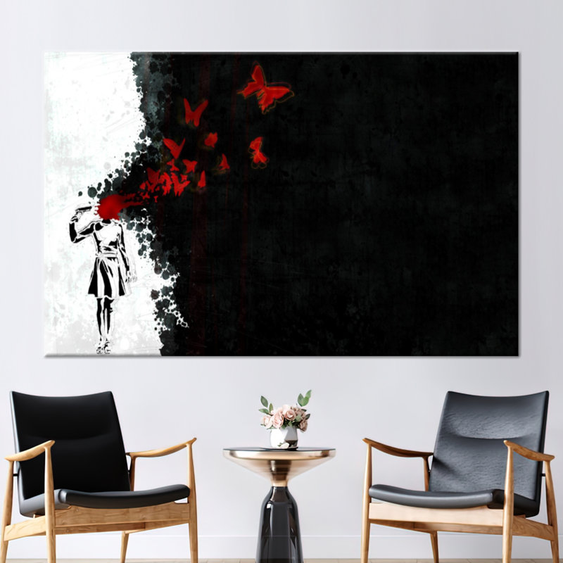 Art mural abstrait avec des papillons rouges et une tête de fille, Ne s’applique pas, H 43 po x l 98 po, Toile tendue