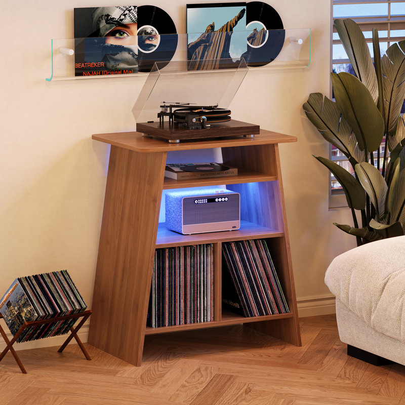 Support pour tourne-disque avec lumière à DEL, support pour table tournante en bois, brun