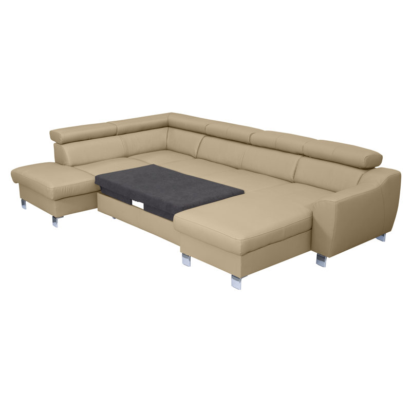 Raedynn Faux Leather Large Corner Sofa with Sleeping Function and Storage Box with Adjustable Headrests , Beige