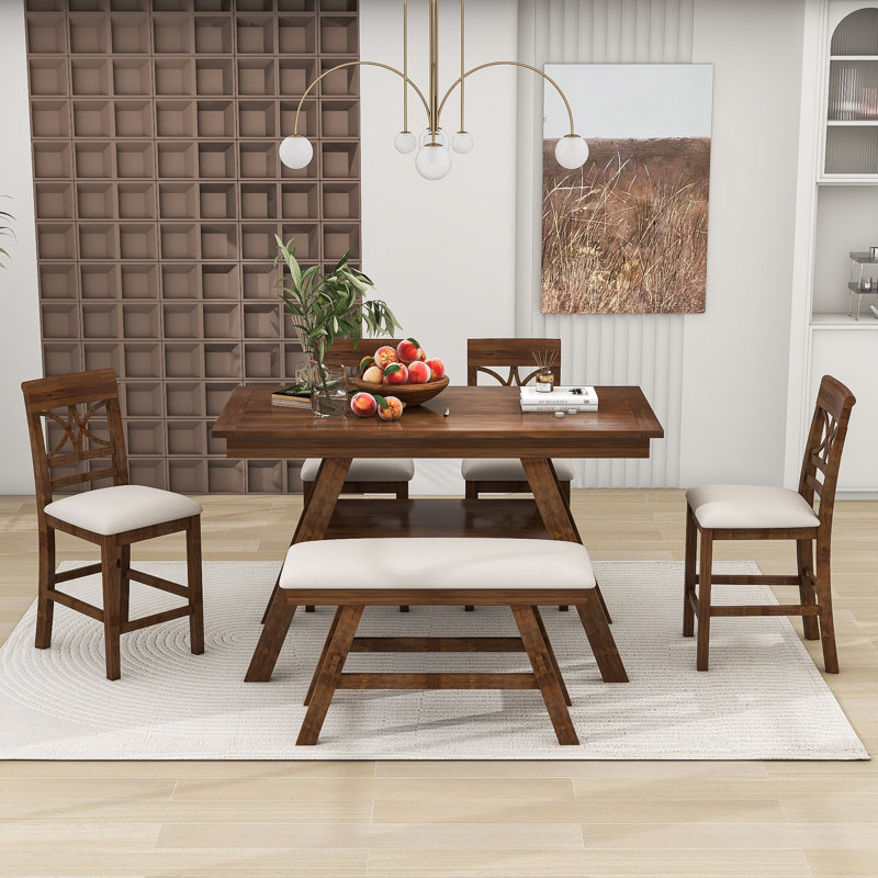 Damu 6 - Piece Dining Set, Dining Table with Storage Shelf and Bench and 4 Chairs, Walnut, Walnut