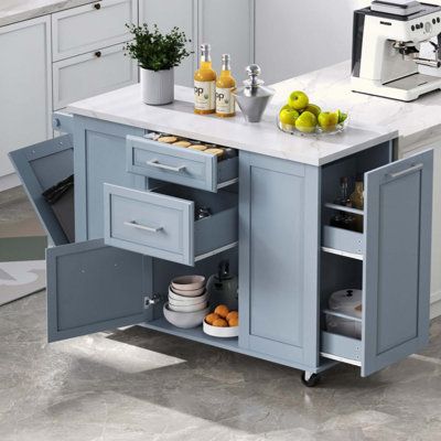 Îlot de cuisine avec rangement, armoire à poubelle inclinable et organisateur d'armoire escamotable, îlot de cuisine roulant sur 5 roulettes avec abattant, 2 tiroirs, 1 porte pour la cuisine, la salle à manger