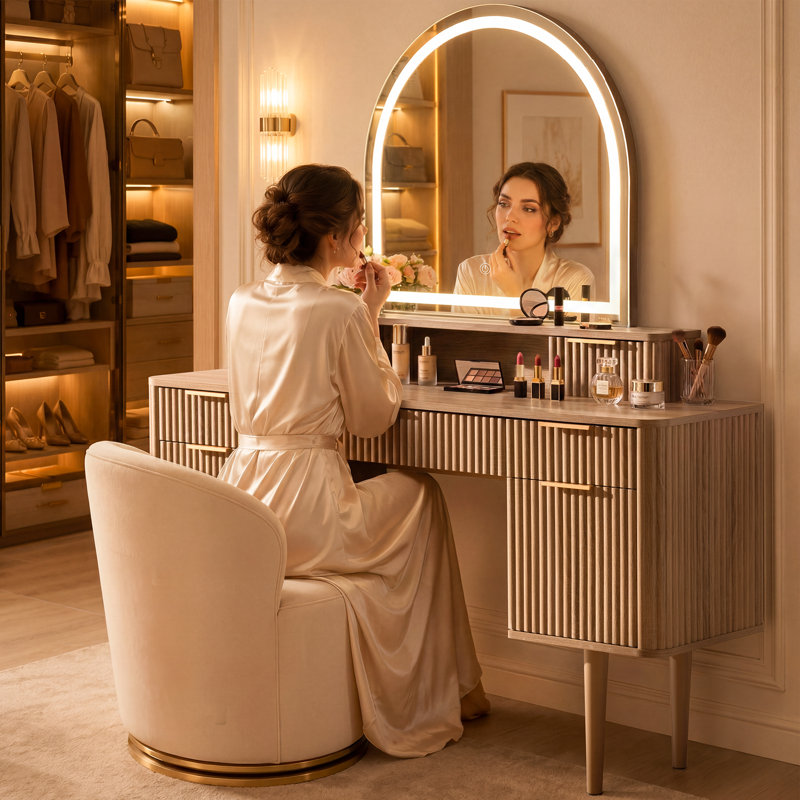 Meuble-lavabo 55 tiroirs avec miroir lumineux arqué 55,6 po, Light Oak