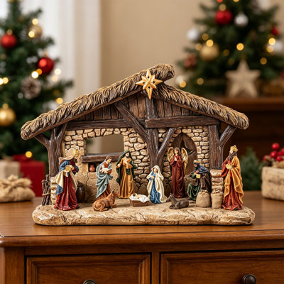 14.5"H Lighted Resin Nativity Scene Stable Creche