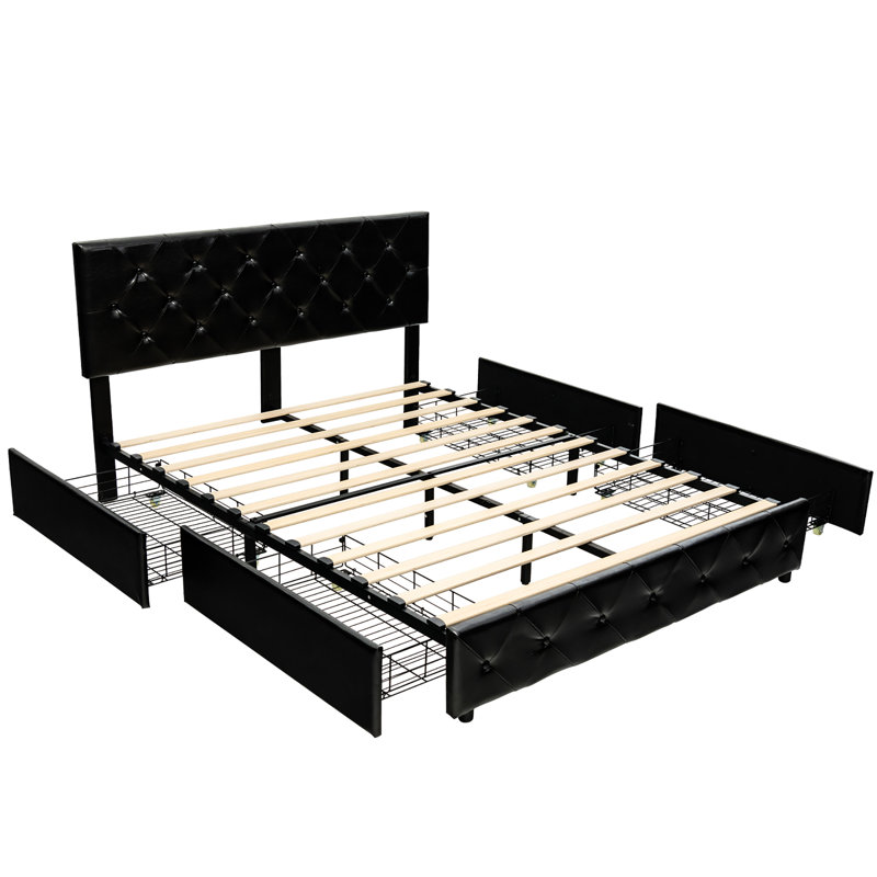 Lit plateforme double Adrin avec tête de lit capitonnée en cuir pu à 4 tiroirs Adrin