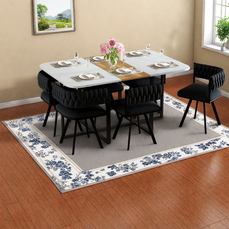Ensemble de table de salle à manger moderne 7 pièces en faux marbre et velours, idéal pour les petits espaces