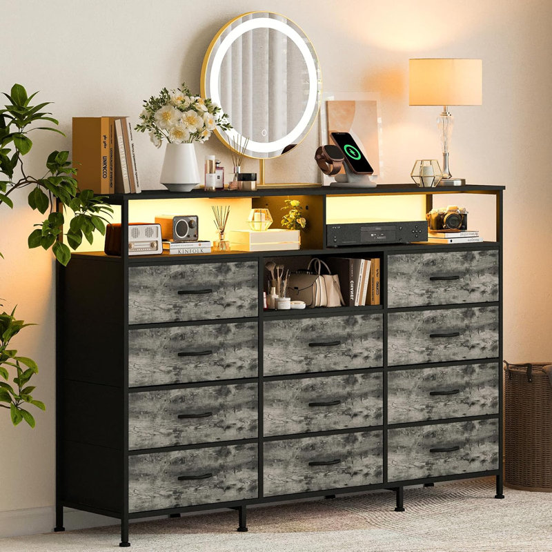 Dresser for Bedroom with 11 Fabric Drawers, 55 ” w Dresser TV Stand with Power Outlet, Gray