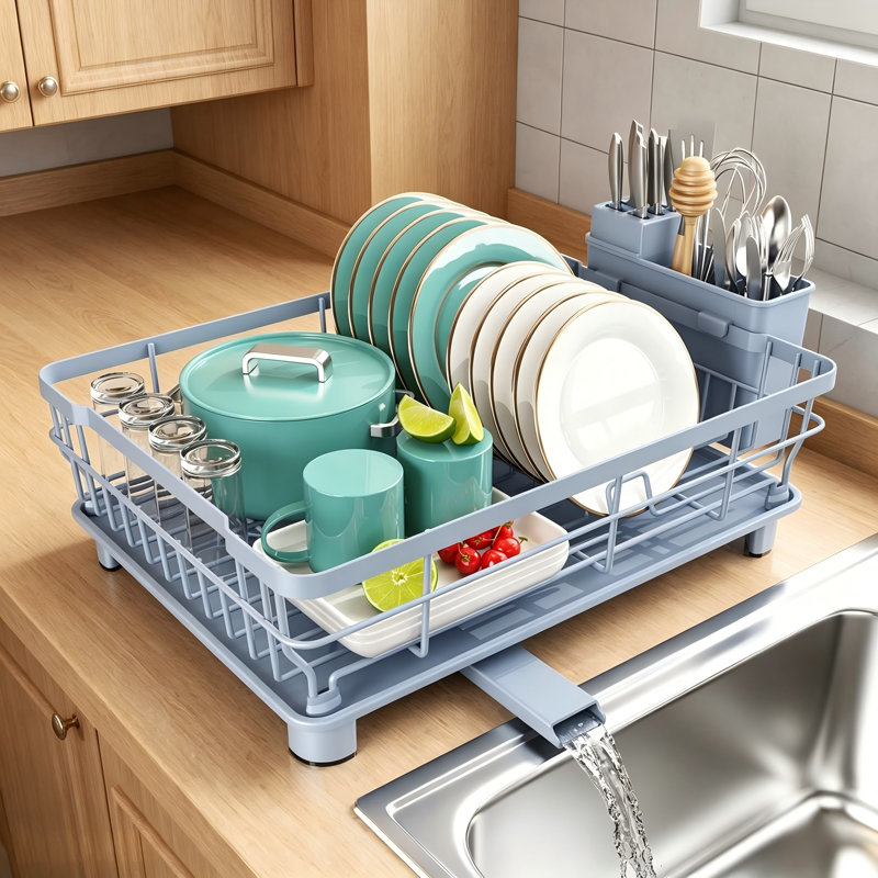 Space Saving Dish Drying Rack with Drainboard & Utensil Holder, Blue