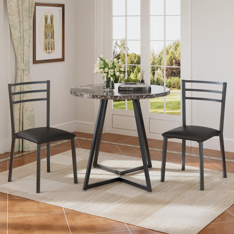 3-Piece Round Wood Dinette Set for 2 with Upholstered Chairs & Steel Frame, Black, Black, Gray