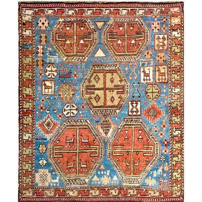 Light Sky Blue Color Antique Caucasian Small Scatter Size Wool Kazak Rug