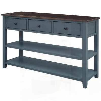 Retro Design Console Table With Two Open Shelves, Pine Solid Wood Frame And Legs For Living Room