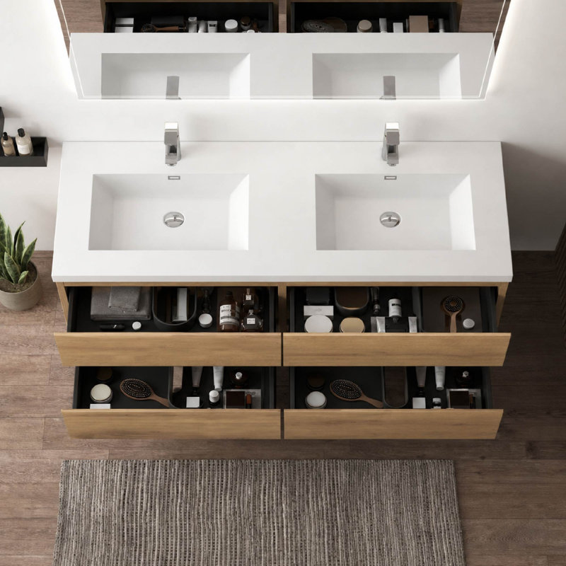  Meuble-lavabo mural double 72 po avec comptoir en résine blanc brillant pour salle de bain moderne, 72D
