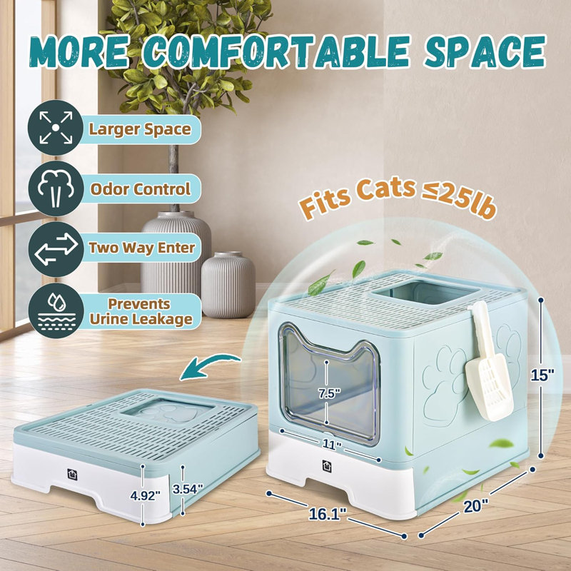 Bac à litière pour chat avec couvercle pliable, pot à litière avec tiroir, très grand couvercle avec tapis, entrée et sortie sans chat / à sens unique, contrôle des odeurs, anti-éclaboussures, nettoyage facile (bleu)