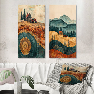 Grange avec paysage de tracteur sur un plateau de Brown I - ensemble de 2 reproductions d'art mural en métal de ferme orange