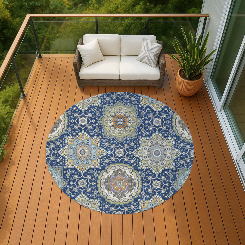 Tapis lavable à la machine intérieur / extérieur ACN2667, Marine, Rond 8 pi