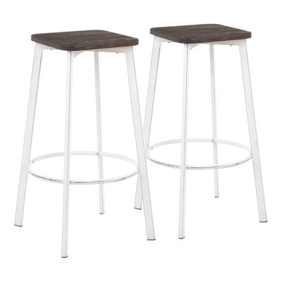 Tabouret de bar carré en métal blanc rétro et bambou grain de bois pressé espresso - ensemble de 2