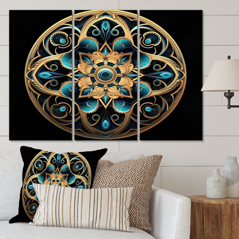 Ancienne Atlantis Mandala en or et turquoise II - ensemble d'impressions sur toile Boho Mandala, H 32 po x l 48 po x P 1 po