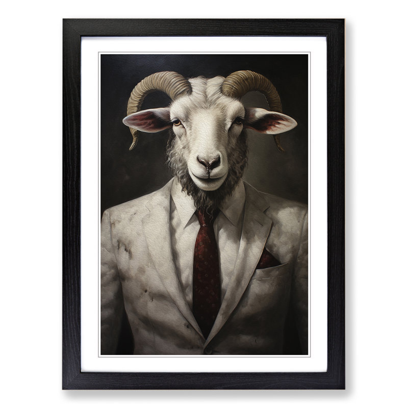 Ram Sheep in a Suit Painting No.5 - Framed Print, 64cm H x 46cm W x 2cm D, Black