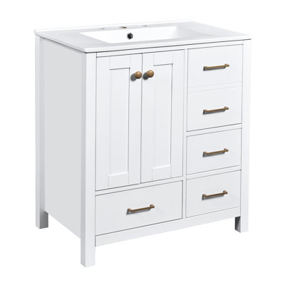 Meuble-lavabo pour salle de bain 30 po - Cadre en bois massif blanc, planches, 4 tiroirs, lavabo et évier en céramique, contemporain