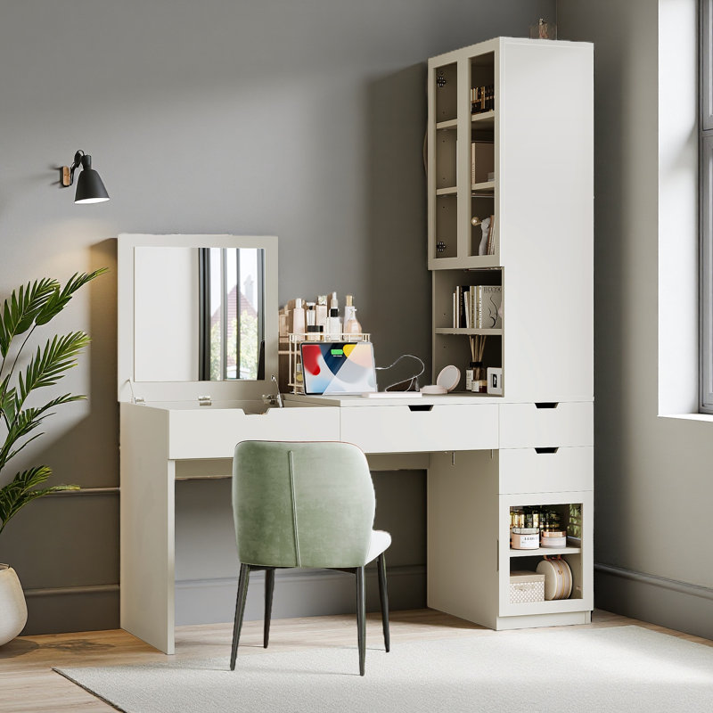 Meuble-lavabo polyvalent avec miroir et station de charge, coiffeuse avec 8 compartiments de rangement cachés, bureau d'ordinateur à 3 tiroirs, 2 armoires et tablettes ouvertes, bureau à domicile