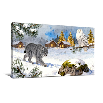 Paysage de Noël enneigé avec lynx et hibou