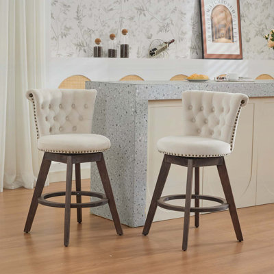 Ensemble de 2 tabourets de bar de 26 po de hauteur comptoir, pivotant à 360 °, garniture capitonnée à boutons, revêtement en velours et pieds en bois pour plus de confort et d'élégance
