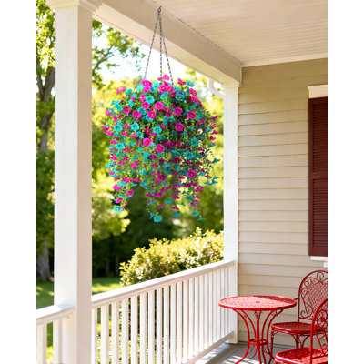 Cascading Artificial Hanging Flowers Basket Set, 2 Pack Faux Morning Glory Vines with Chain, UV Resistant Outdoor Spring Summer Porch Patio Garden Decor