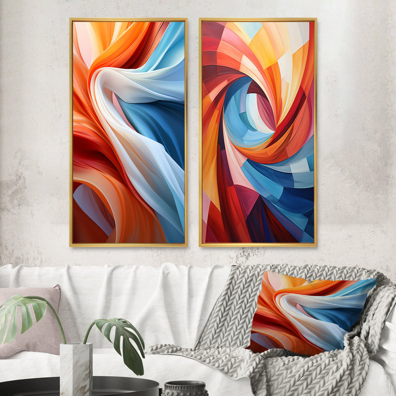 «Blue Brown Fractal Spiral», 2 pièces sur toile, Encadrement doré, H 32 po x l 32 po