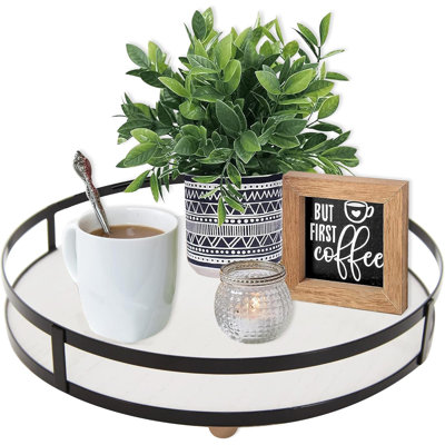 Plateau de service rond en bois avec poignée en métal - Plateau décoratif rustique pour la maison, table basse, cuisine et table de salle à manger