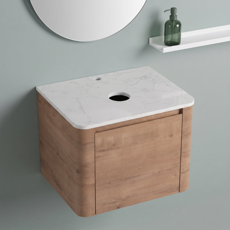 Meuble-lavabo mural simple flottant 24 po avec dalle de comptoir, base de meuble-lavabo moderne en contreplaqué incurvé en chêne naturel (lavabo non inclus)
