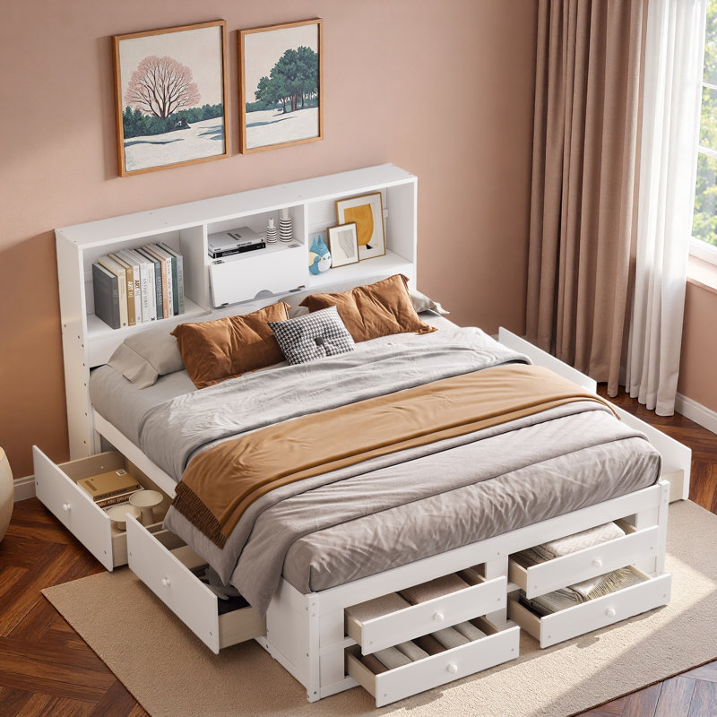 Lit plateforme avec tête de lit avec rangement et 8 tiroirs, Blanc, Très grand lit