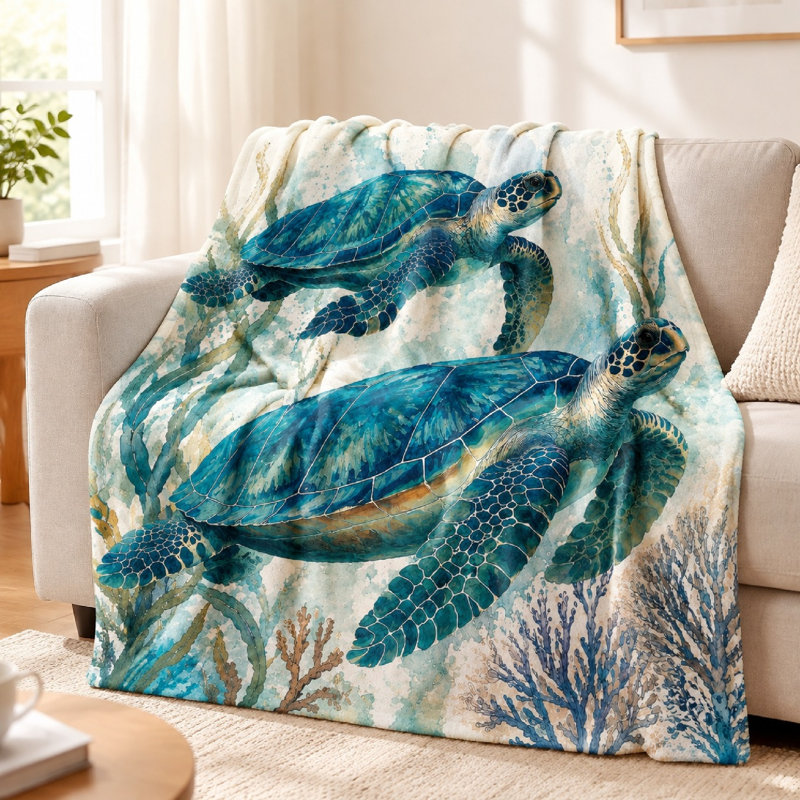 Couverture de flanelle à motif de tortue de mer 1Pcs Literie, Simple (l 60 po x L 80 po)