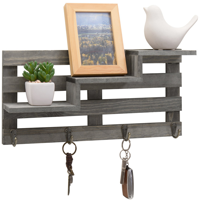 Deschamp Solid Wood Wall Organizer with Key Hooks, Gray