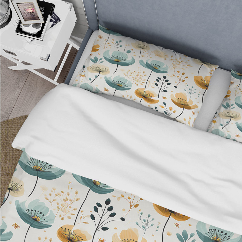 Minimalist Green & Yellow Floral Charm Botanics - Ensemble de housse de couette à motif floral