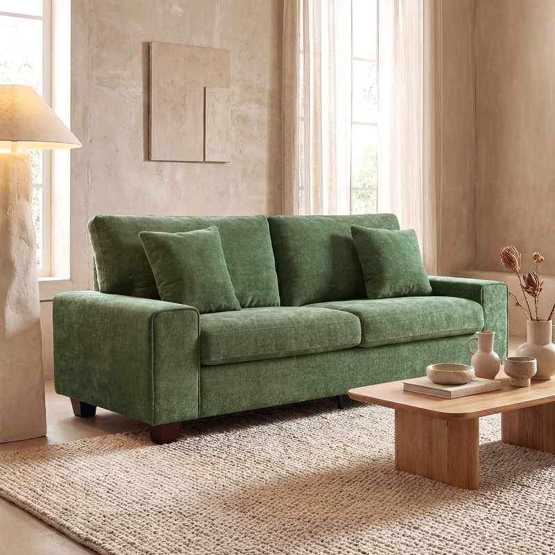 Canapé moderne à 3 places 89 po avec accoudoirs carrés et 2 coussins Carlita, Vert