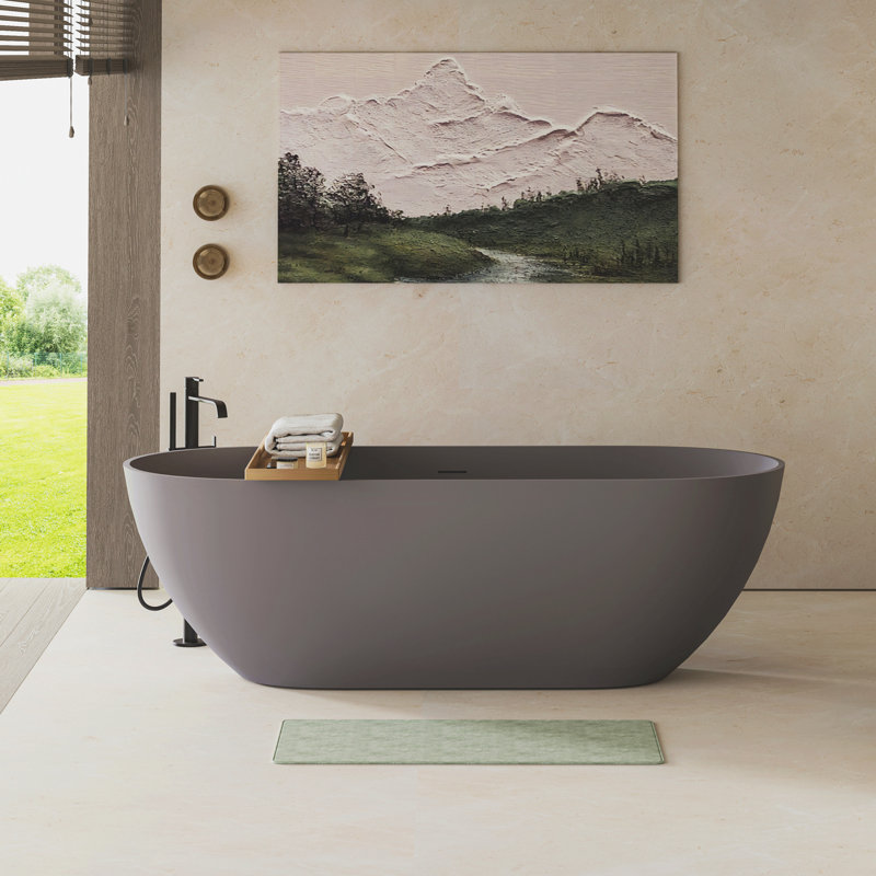 Baignoire de trempage autoportante en résine de pierre 63 po avec trop-plein et drain escamotable de 63 po pour salle de bain contemporaine, gris mat 23S03-63Mg