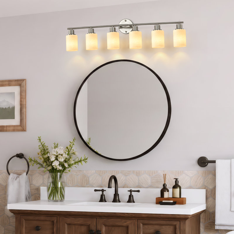 Applique murale à 6 lumières avec variateur et abat-jour en verre blanc, Nickel satiné et blanc, 6